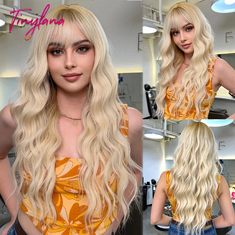 Super Long Curly Wavy Brown Synthetic Wigs with Bangs Cosplay Party Halloween Natural Afro Hair for White Women Heat Resistant