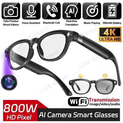 LIGE AI Smart Camera Glasses 4K 800W HD Video Recording 290mAh Battery Voice Control Translation BT Calling Color-change Lenses