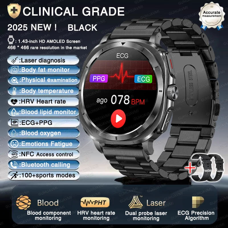 2025 New Laser therapy Three High Uric acid Blood pressure Smartwatch Men ECG+PPG Heart rate Fat Body Analysis NFC Call Watches