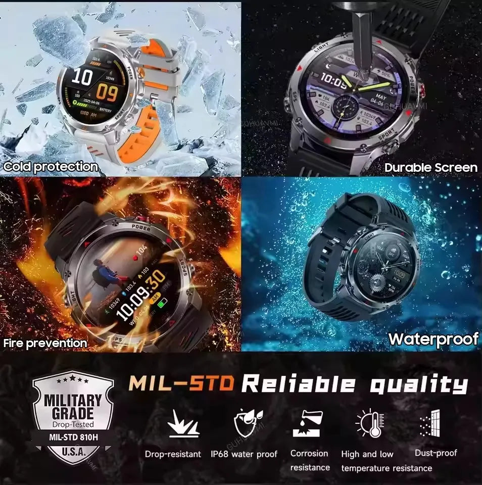 2025New Outdoor Military Smart Watch Bulit-in GPS Compass Altimeter Barometric 3ATM Waterproof AMOLED Bluetooth Call Smart Watch