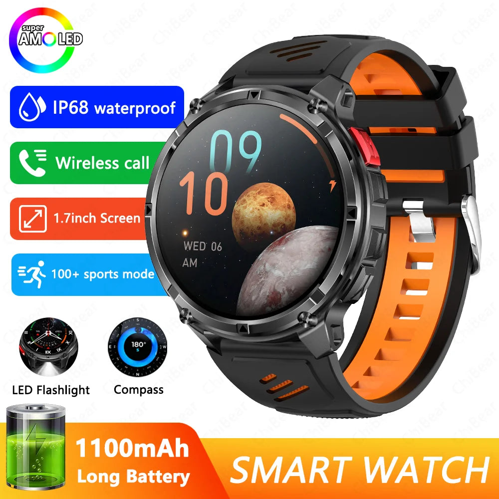 1100mAh Battery Smart Watch 1.7 Inch 360*360 AMOLED HD Screen Men Watch Compass 1ATM Waterproof Bluetooth Call Sports Smartwatch