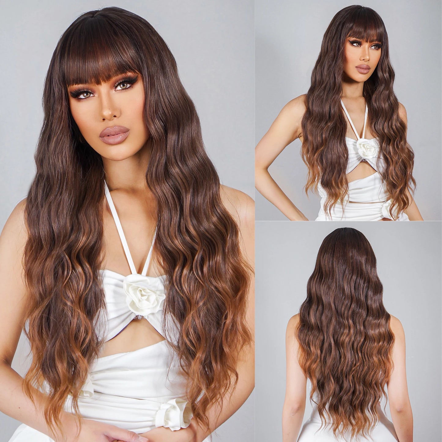 Super Long Curly Wavy Brown Synthetic Wigs with Bangs Cosplay Party Halloween Natural Afro Hair for White Women Heat Resistant