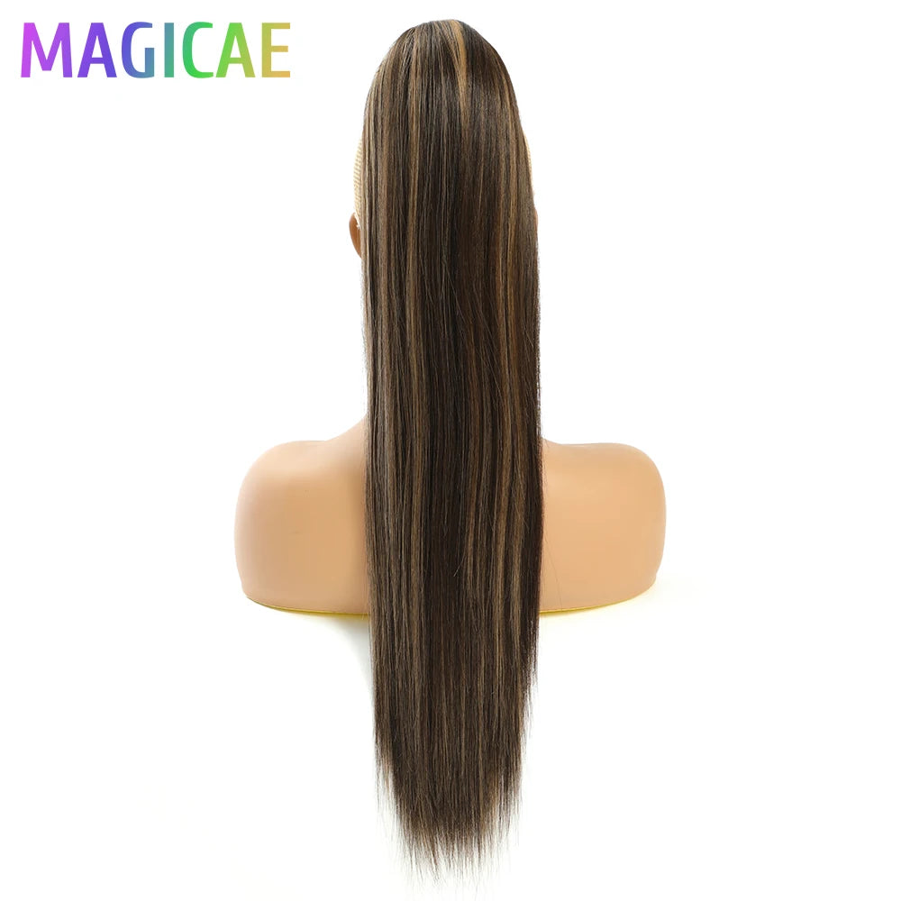 Straight Black Ponytail Blond 27/613 Hair Extensions With Clip Brown 28Inches Ombre Piano Color Heat Resistant Synthetic Hair