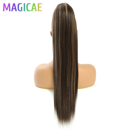 28 Inches Ponytail Brown 27 Hair Extensions With Clips Highlight Piano Color Straight 6/613 Heat Resistant Synthetic Hair