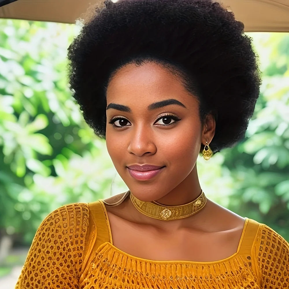 Afro Kinky Curly Wig - Human Hair,  Fluffy - Natural Looking, Effortlessly Stylish  for Women Machine Made