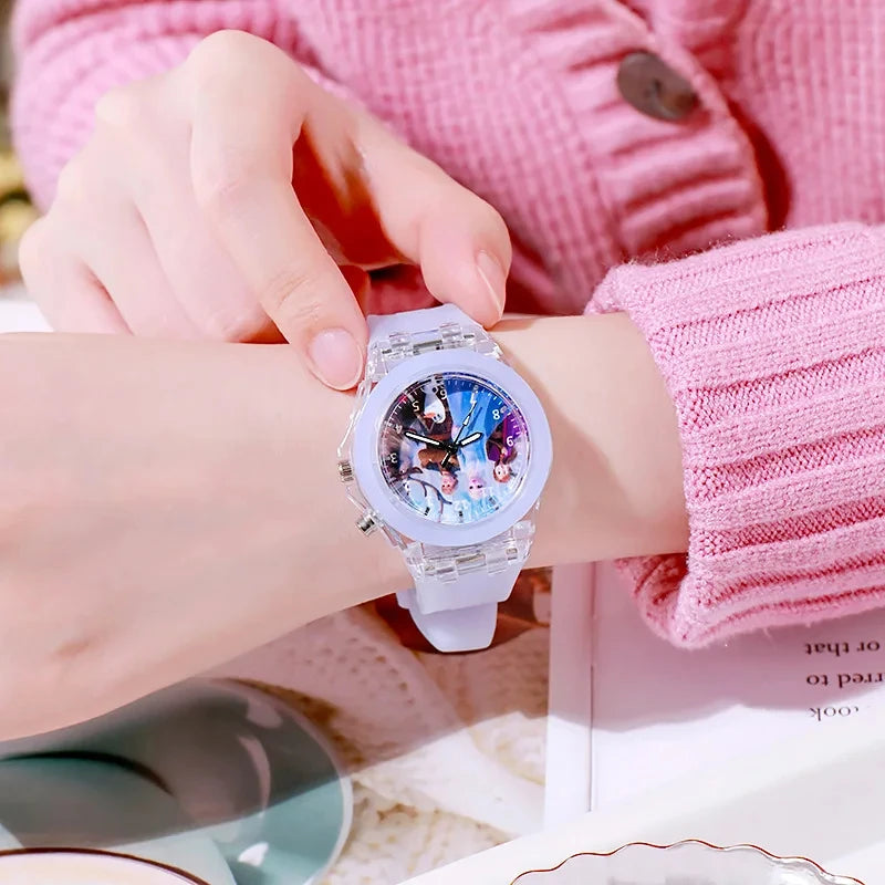 Disney Mickey Children Watches Girls Color Light Source Silicone Princess Elsa Kids Watch Boys Gift Wrist Clock