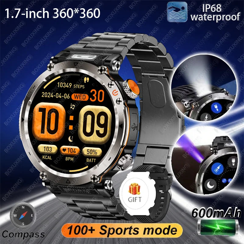 2025 New Outdoor Smart Watch Men 600mAh LED Flashlight SmartWatch Compass Bluetooth call Heart rate IP 68 Sports Smartwatch 2025
