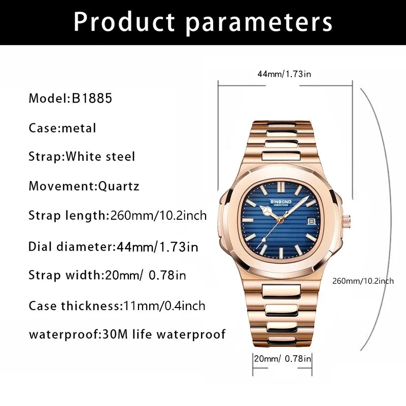New Casual Business Fashion Quartz Wristwatches Rose Gold Clock Men Luxury Watch Automatic Watches Mens Black Relogio Masculino