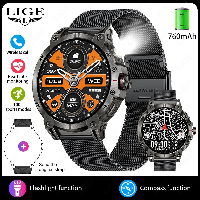 LIGE Outdoor Flashlight Smart Watch 1.85" HD Large Screen GPS Compass Bluetooth Call Fitness Sports IP68 Waterproof Smart Watch