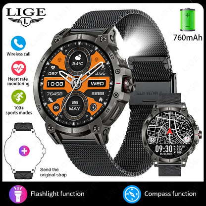 LIGE Outdoor Flashlight Smart Watch 1.85" HD Large Screen GPS Compass Bluetooth Call Fitness Sports IP68 Waterproof Smart Watch