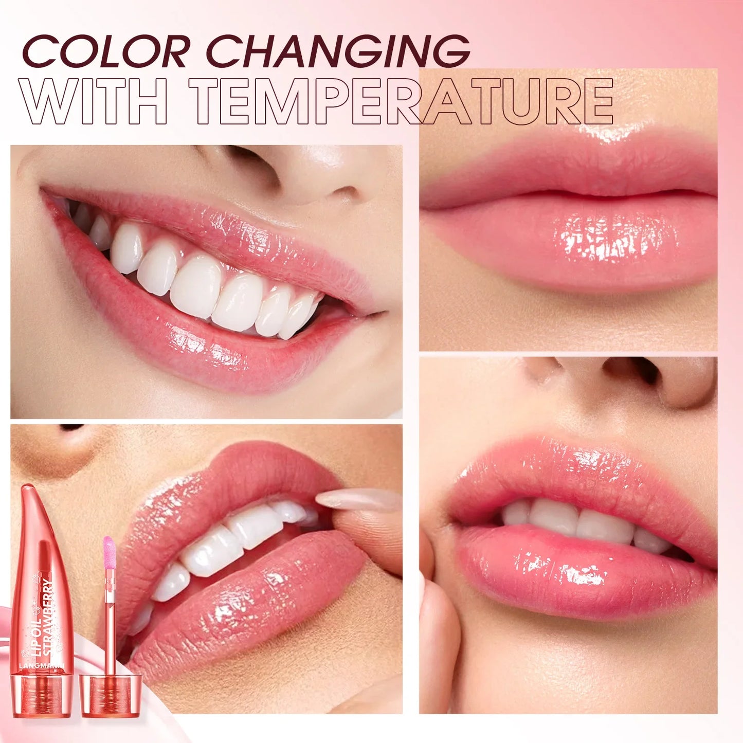 Langmannni Color Changing Lip Glaze Moisturizing Aloe Vera Lip Gloss Strawberry Long Lasting Moisture Lip Oil for Lip Care