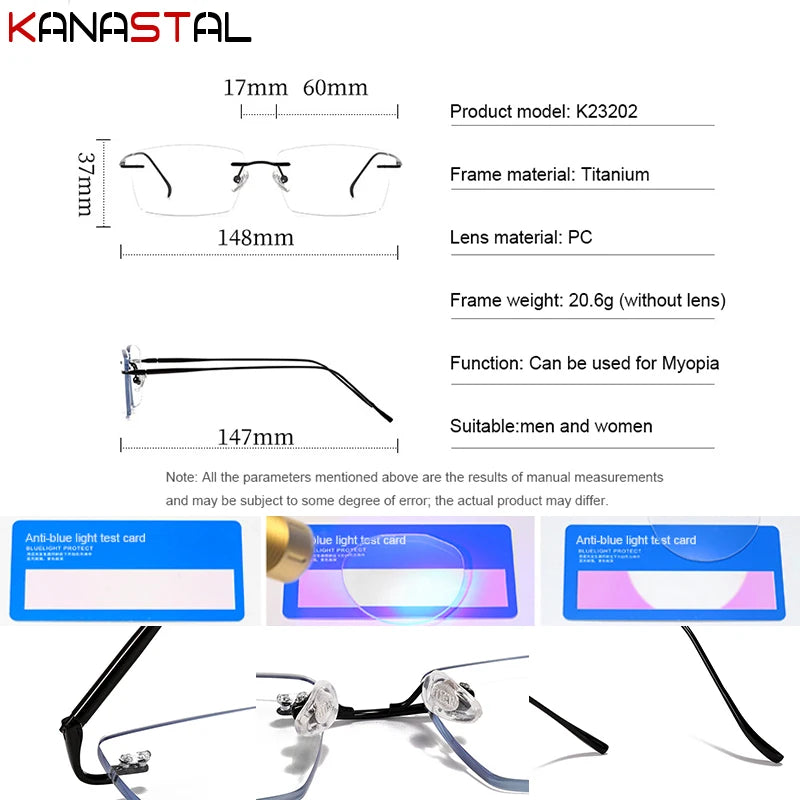 Men Rimless Eyeglasses Frame Blue Light Blocking Lenses Women Computer Pure Titanium Glasses Prescription Myopia Reading Eyewear