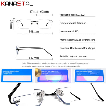Men Rimless Eyeglasses Frame Blue Light Blocking Lenses Women Computer Pure Titanium Glasses Prescription Myopia Reading Eyewear