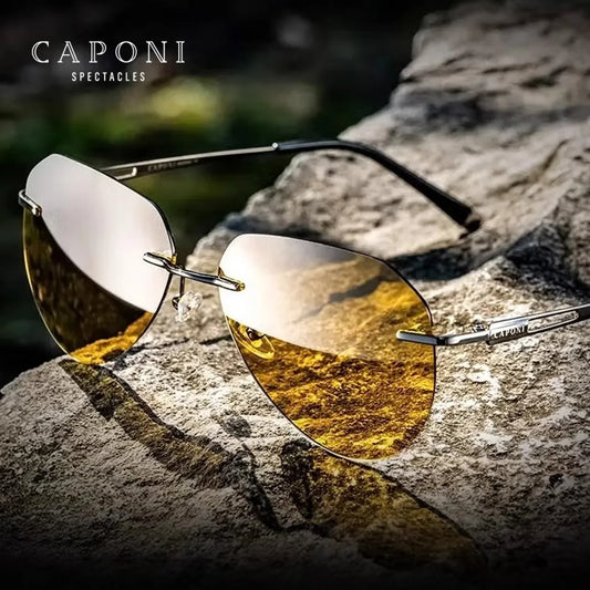 CAPONI Night Vision Sunglass Men Photochromic UV400 HD Protect Ultra Light Titanium Frameless Driving Sports Sunglasses YS22003