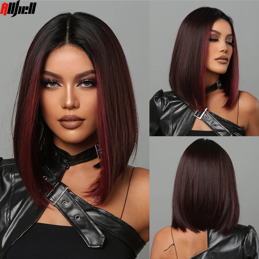 Medium Length Chestnut Brown Synthetic Wigs Middle Part Wine Red Highlights Straight Wig Heat Resistant for Women Party Cosplay