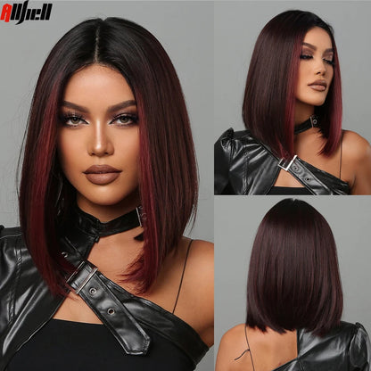 Medium Length Chestnut Brown Synthetic Wigs Middle Part Wine Red Highlights Straight Wig Heat Resistant for Women Party Cosplay