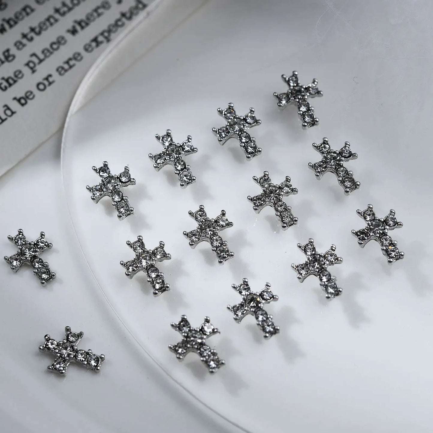 10Pcs Dark Series Cross Nail Charm Luxury Retro Silver Bottom Rhinestone Nail Art Decoration 3D Punk Cross Manicure DIY Supplies