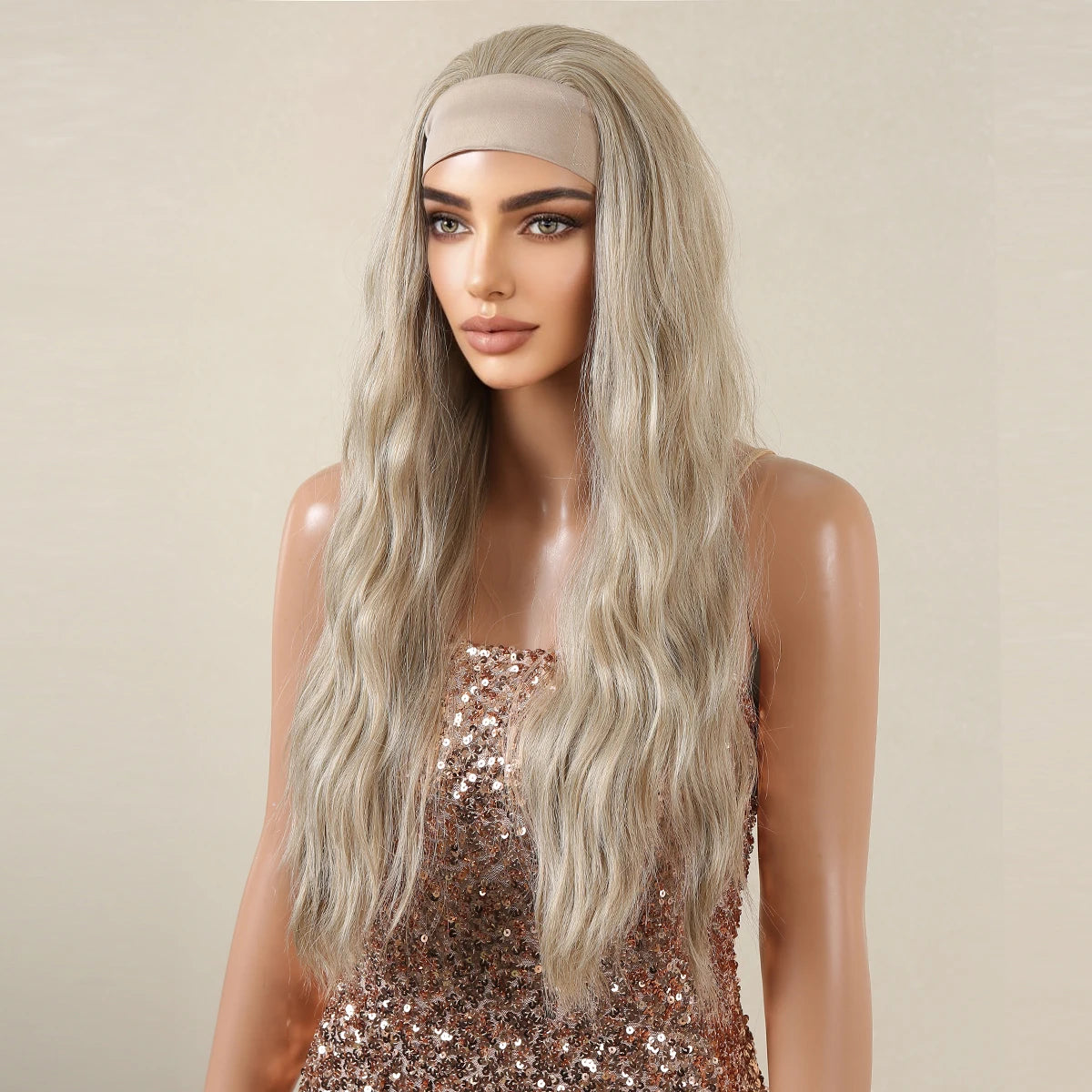 Blonde Synthetic Headband Wigs Long Water Wavy Wig for Women Daily Party Heat Resistant Fiber Natural Looking Realistic Hair
