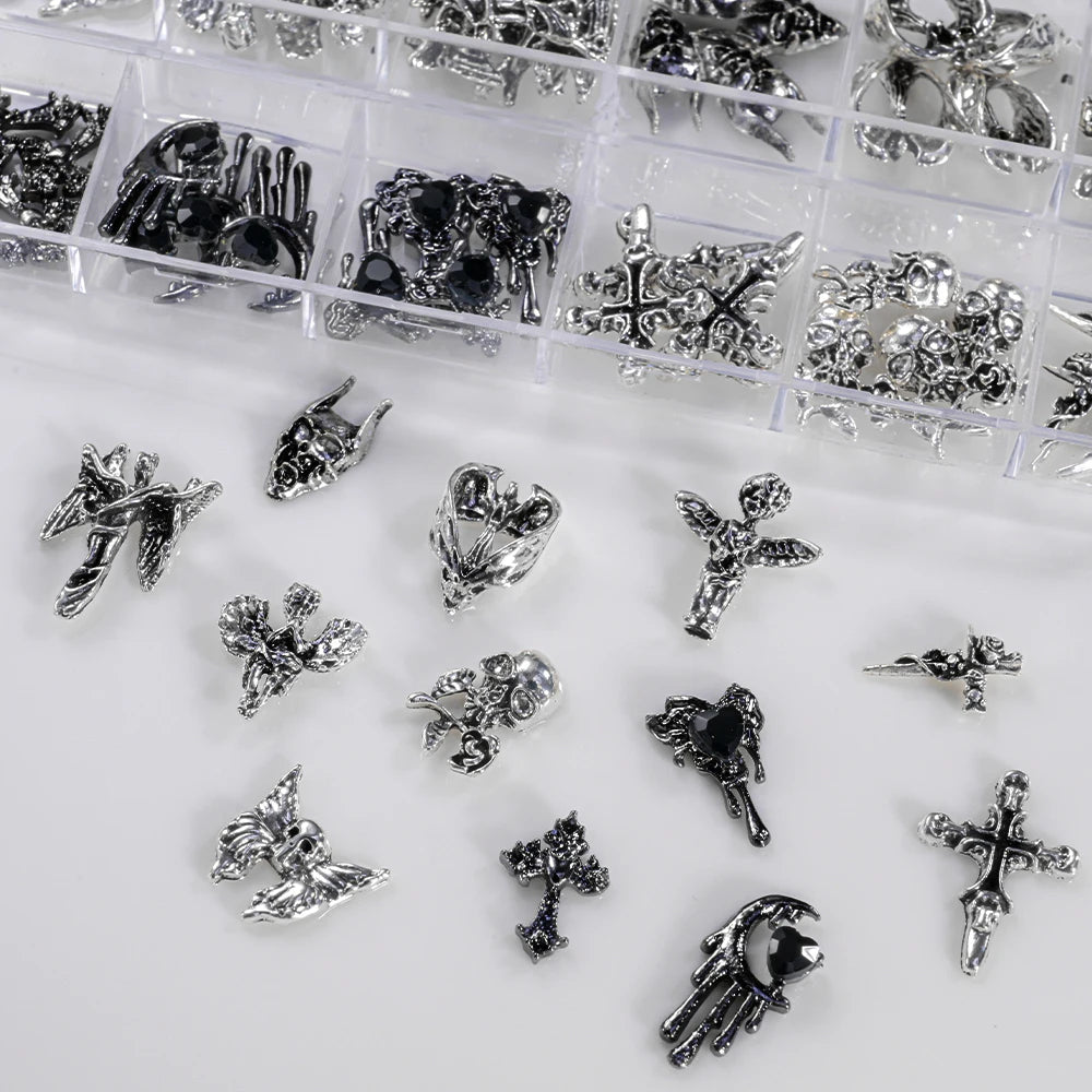 12Grid 3D Halloween Punk Retro Alloy Cross Nail Charms Y2k Gothic Metal Gun Black Silver Skull,Cross Nail Art DIY Cool Nail Part