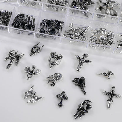 12Grid 3D Halloween Punk Retro Alloy Cross Nail Charms Y2k Gothic Metal Gun Black Silver Skull,Cross Nail Art DIY Cool Nail Part