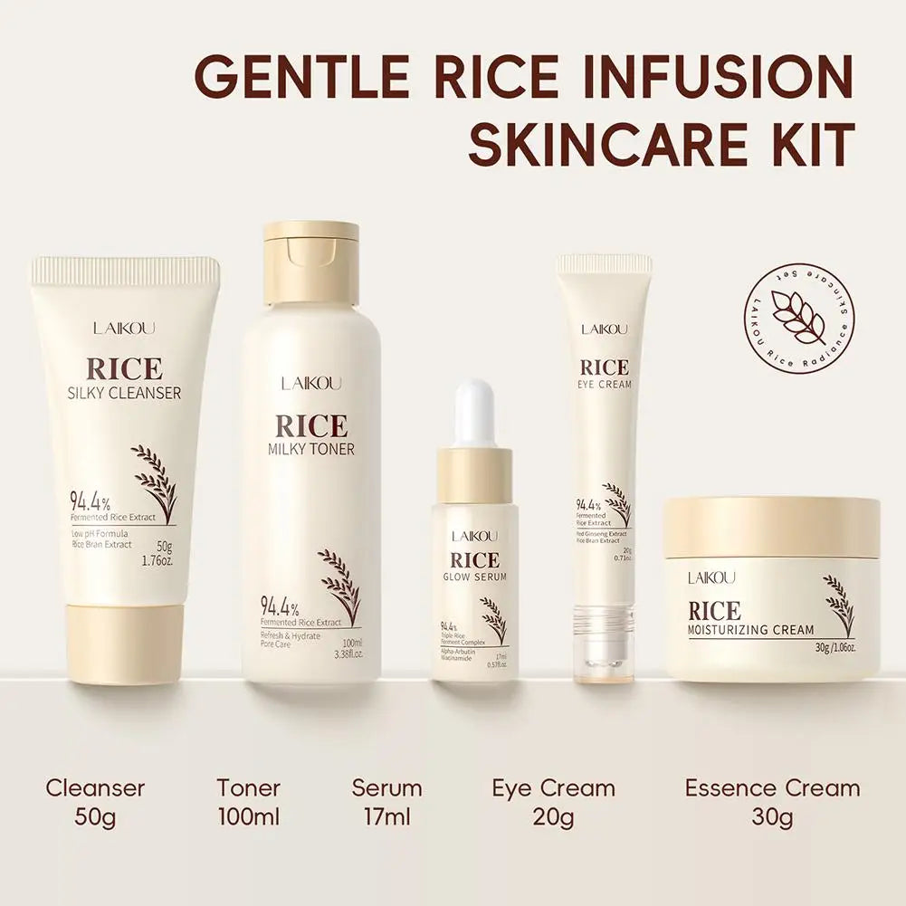 5PCS Rice Extract Skincare Set Moisturizing Facial Care Kit Cleanser Toner Serum Essence Eye Cream for Hydrating Glowing Skin