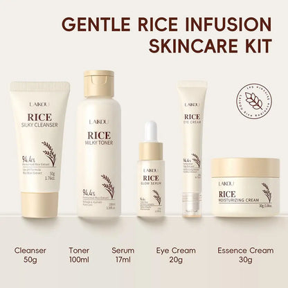 5PCS Rice Extract Skincare Set Moisturizing Facial Care Kit Cleanser Toner Serum Essence Eye Cream for Hydrating Glowing Skin