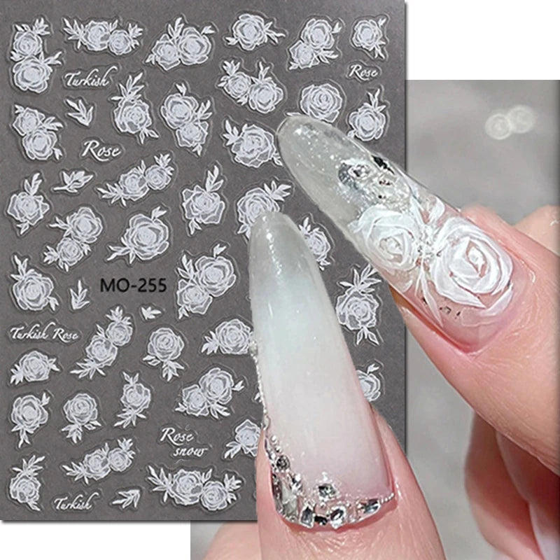 5d Embossed Nail Art Stickers Golden Lines Semi-Transparent Purple Blue Flowers Decals Decorations For Nail Tips Manicures