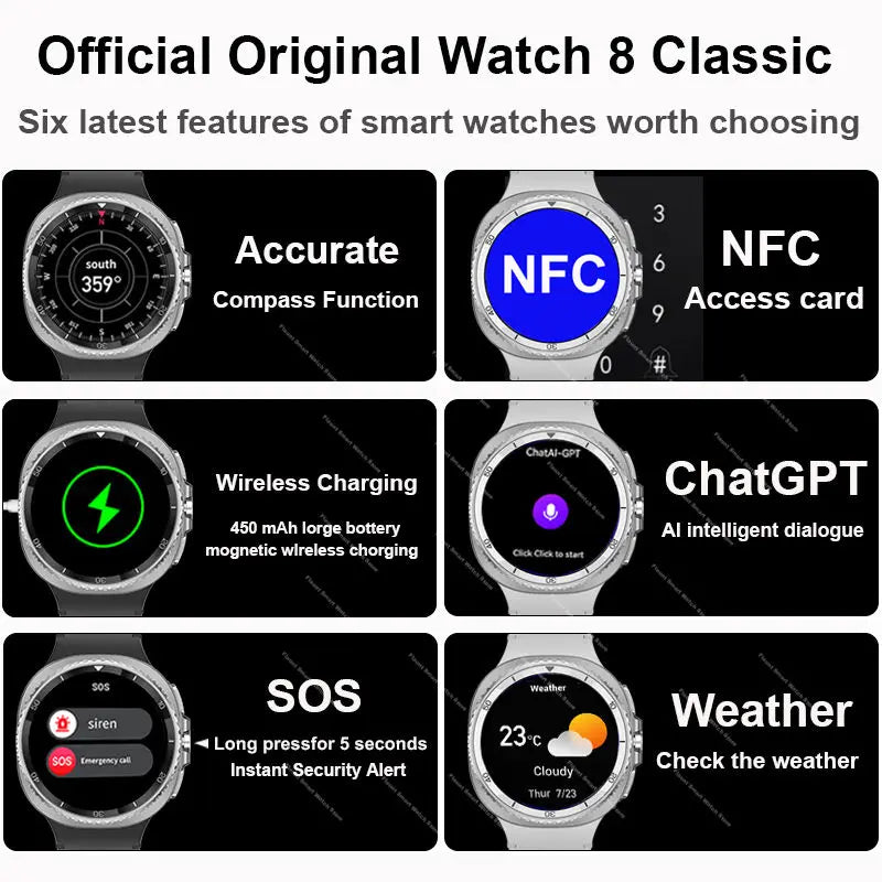 2025 New Smart Watch 8 Classic 46mm Ultra HD Screen ChatGPT GPS NFC Compass Clock Bluetooth Call Waterproof Smartwatch Men Women