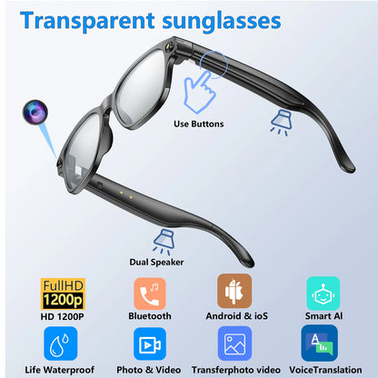 AI Smart Glasses Bluetooth Call Translator 800W Camera Sunglass Lenses Audio Built-in Mic Speakers  Voice Assistant Control