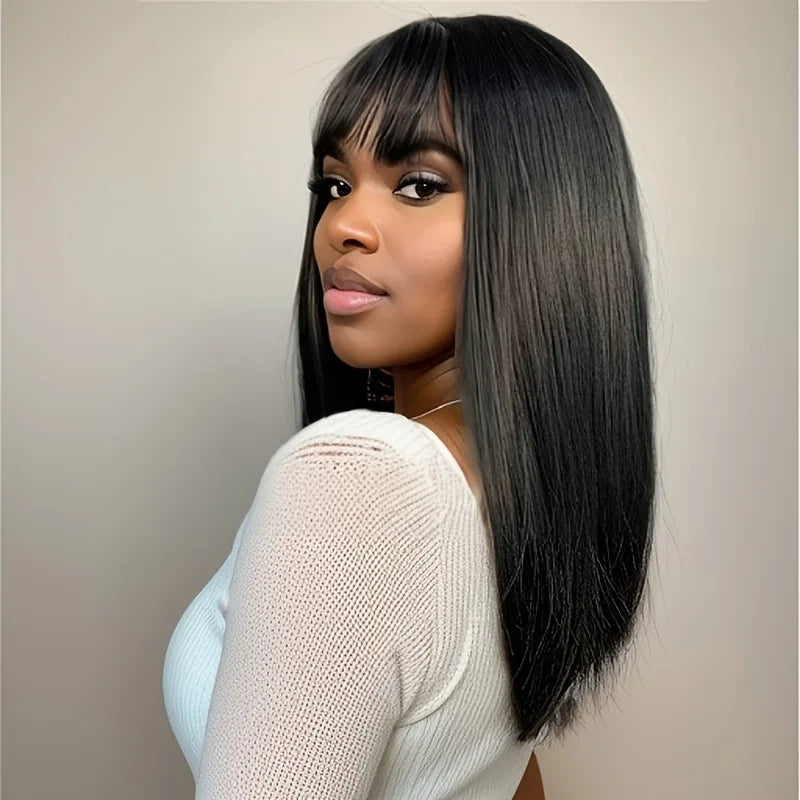 Hair Extensions Synthetic Fiber African Wigs for Women Natural Breathable Head Cover Hat Black Medium Long Straight Ladies Wig