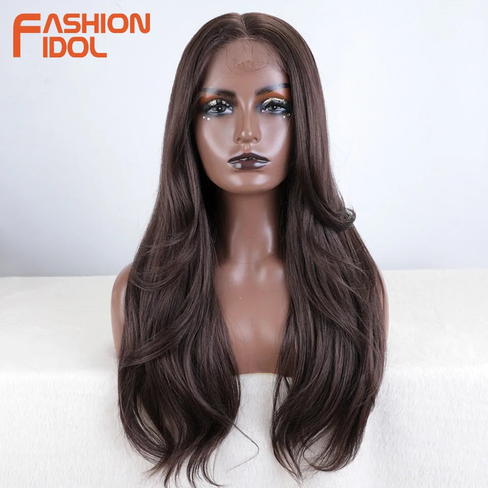 FASHION IDOL 24 inch Lace Front Wigs For Women Synthetic Wigs With Baby Hair Wigs Ombre Brown Blonde Straight Lace Wigs Cosplay