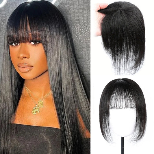 Natural Black Topper Hair With Bangs Human Hair Silk Straight Toppers For Women with Thin Hair Clip In Hair Extensions Daily Use