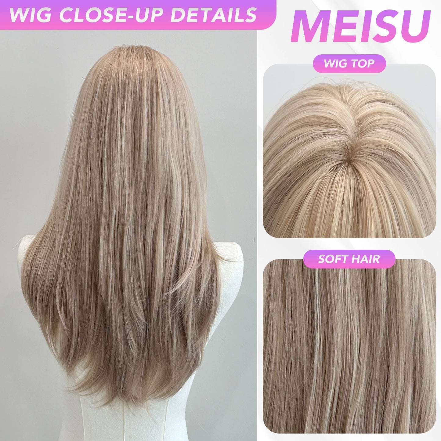 MEISU 24 Inch Synthetic Long Straight Bangs Wig Platinum Layered Fiber Heat-Resistant Natural Smooth Hair Party For Women