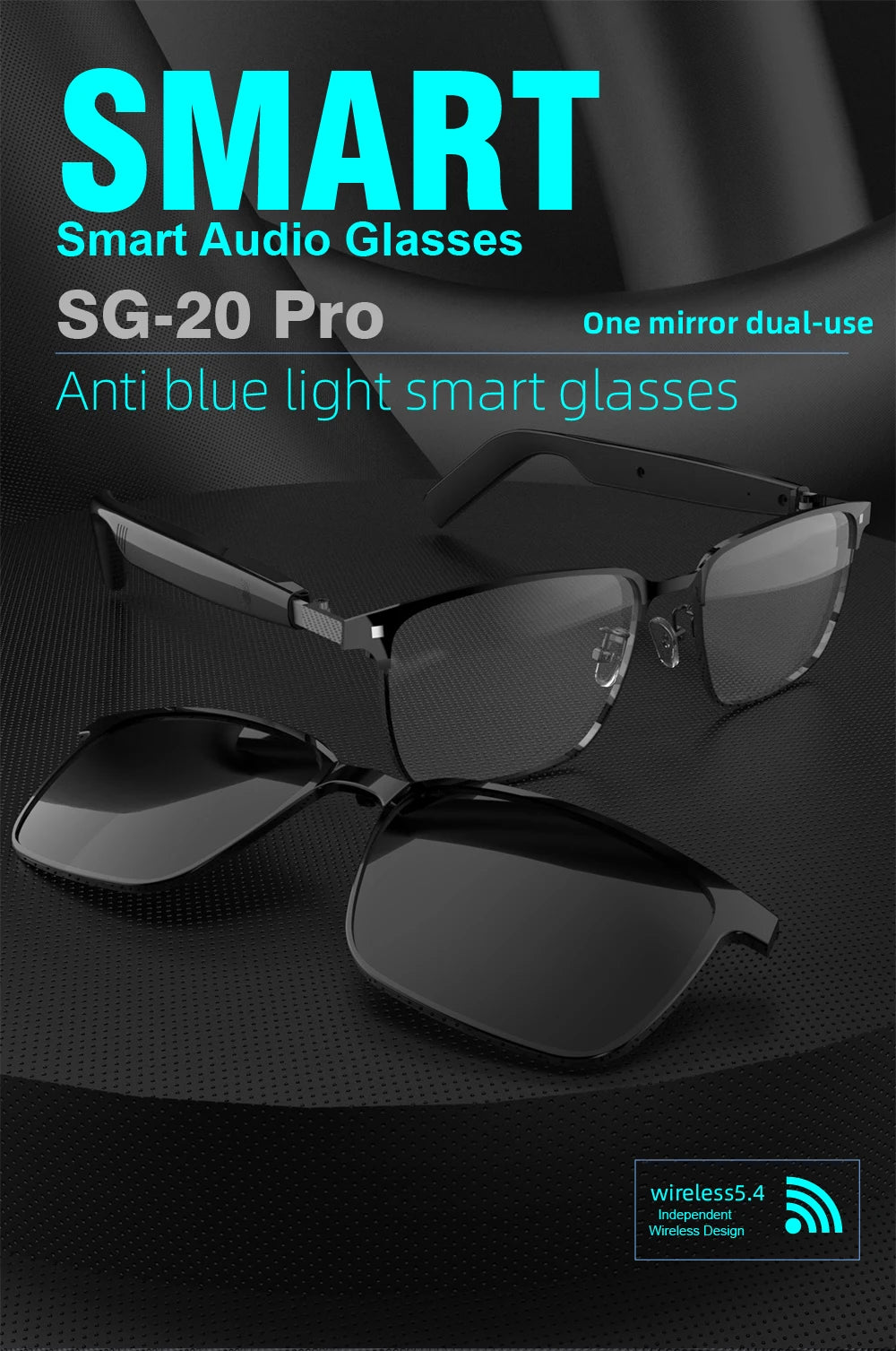 SG-20 Pro TWS 2-in-1 Smart Bluetooth Glasses - Convertible Sunglasses & Clear Lenses, Wireless Audio, Touch Control