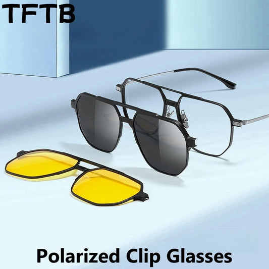 TFTB Men and Women Polarized Magnetic Clip on Glasses Luxury Pure Titanium Pilot Big Optical Prescription Eyeglasses Frame 9906
