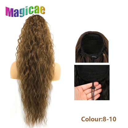 Magicae Long Synthetic Water wave Ponytail Heat resistant Hairpiece Drawstring Hair Clip Ombre Brown Blonde Hair Extensions Pony