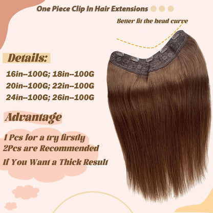 One-Piece Clip In Human Hair Extensions 1 Piece 5 Clips 3/4 Full Head #4 Medium Brown Straight Clip In Human Hair Extensions