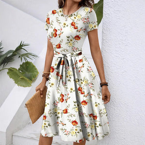 Dresses Women Flower Print Dress Round Collar Short Sleeve Lace Up Tight Waist Vestidos Casual Knee Length A Line 2025 Summer