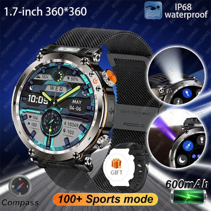 2025 New Outdoor Smart Watch Men 600mAh LED Flashlight SmartWatch Compass Bluetooth call Heart rate IP 68 Sports Smartwatch 2025