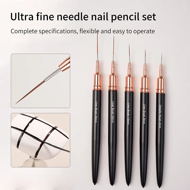 Black Nail Art Liner Brushes 5Sizes Painting Nail Design Pen /8/12/20/25mm Drawing Tool for Long Lines Thin Details Manicure Pen