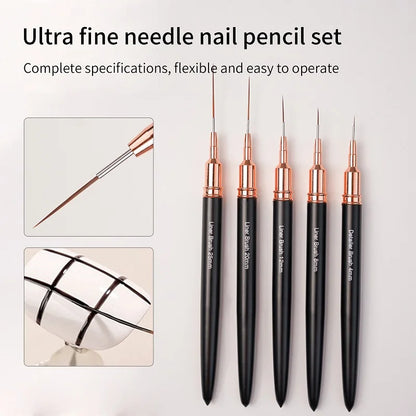 Black Nail Art Liner Brushes 5Sizes Painting Nail Design Pen /8/12/20/25mm Drawing Tool for Long Lines Thin Details Manicure Pen