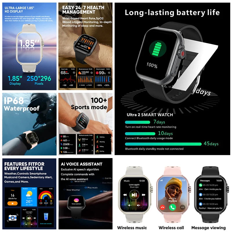 2025 New 1000mAh Long Battery Life Smartwatch Men Bluetooth Call Waterproof 1.83 inch Full Touch Fitness Sport Smart Watch Women