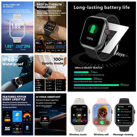 2025 New 1000mAh Long Battery Life Smartwatch Men Bluetooth Call Waterproof 1.83 inch Full Touch Fitness Sport Smart Watch Women