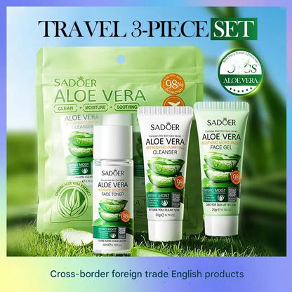 3PCS/SET SADOER Aloe Vera Skin Care Set Face Wash Facial Cleanser Aloe Gel Toner Cream Moisturizing Facial Travel Size Skin Care