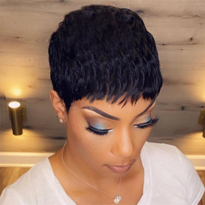 Pixie Cut Human Hair Wig for Black Women Natural Black Straight Bob Wigs Brazilian Human  Hair Full Machine Made Wig With Bangs