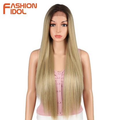 FASHION IDOL 13X4 Lace Front Wig For Women 32 Inch Heat Resistant Fiber Straight Wigs Blonde Natural Synthetic Wigs Cosplay Hair