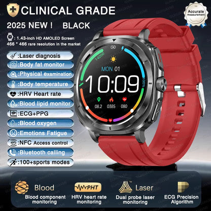 2025 New Laser therapy Three High Uric acid Blood pressure Smartwatch Men ECG+PPG Heart rate Fat Body Analysis NFC Call Watches