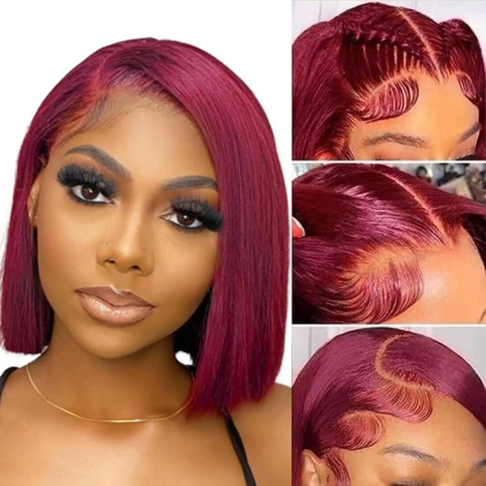 Burgundy Straight Short Bob Wig Human Hair Blonde 613 Lace Front Human Hair Wigs 13x4 HD Transparent Lace Frontal Wig for Women