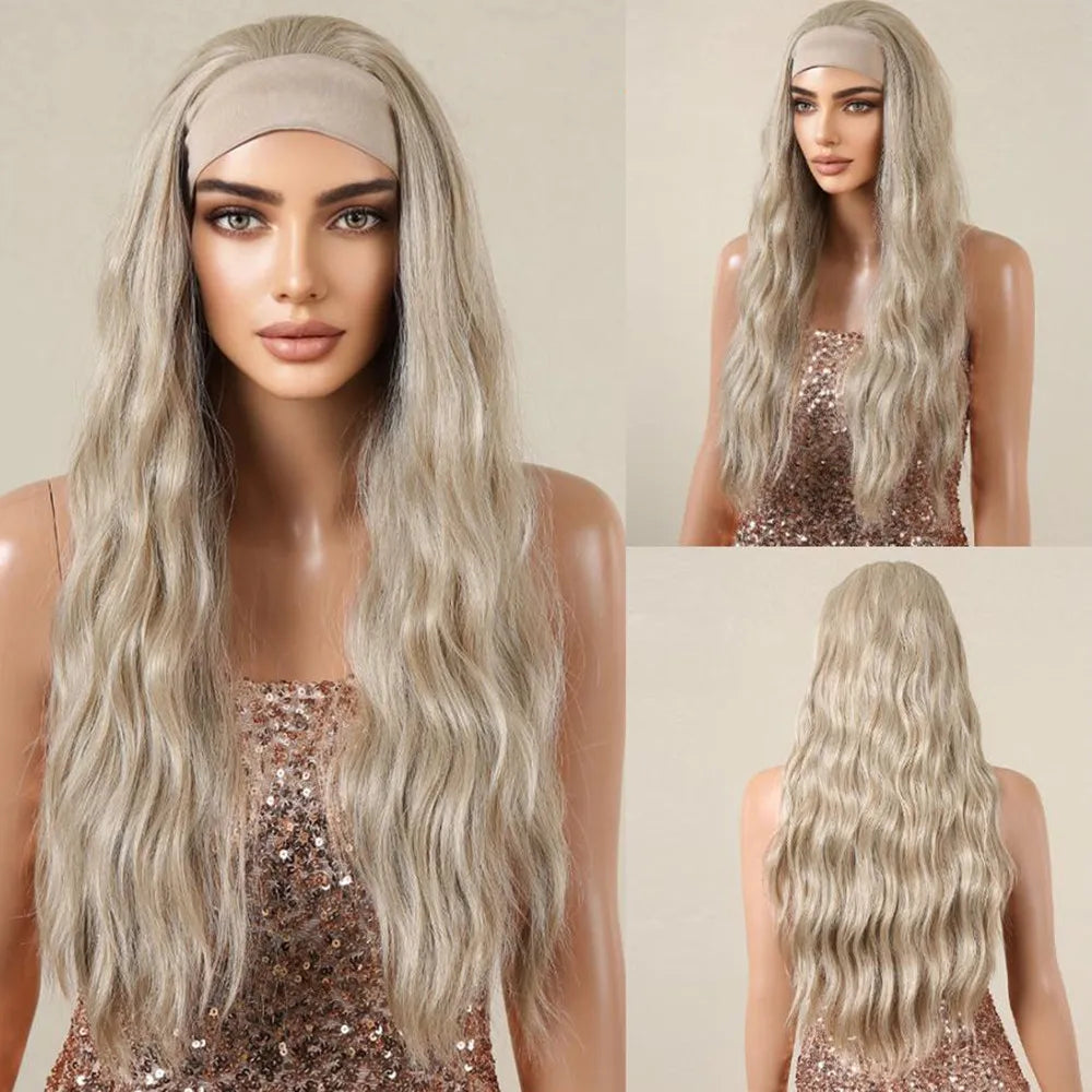 Blonde Synthetic Headband Wigs Long Water Wavy Wig for Women Daily Party Heat Resistant Fiber Natural Looking Realistic Hair