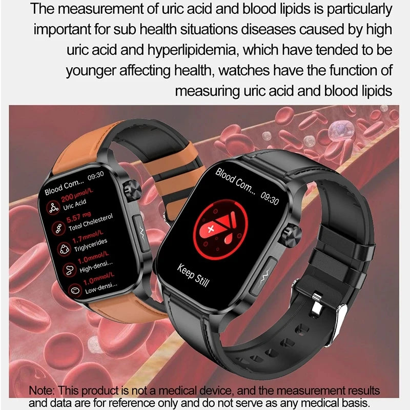 New Blood Glucose Health Smartwatch Men ECG+PPG Blood Pressure Lipids Uric Acid Sport Bluetooth Call IP67 Waterproof Smart Watch